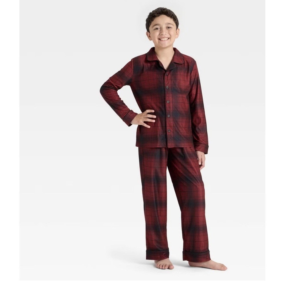 Cat & Jack Boys XL (14) Red Plaid Holiday‎ Long Sleeve Button Front Pajama Set